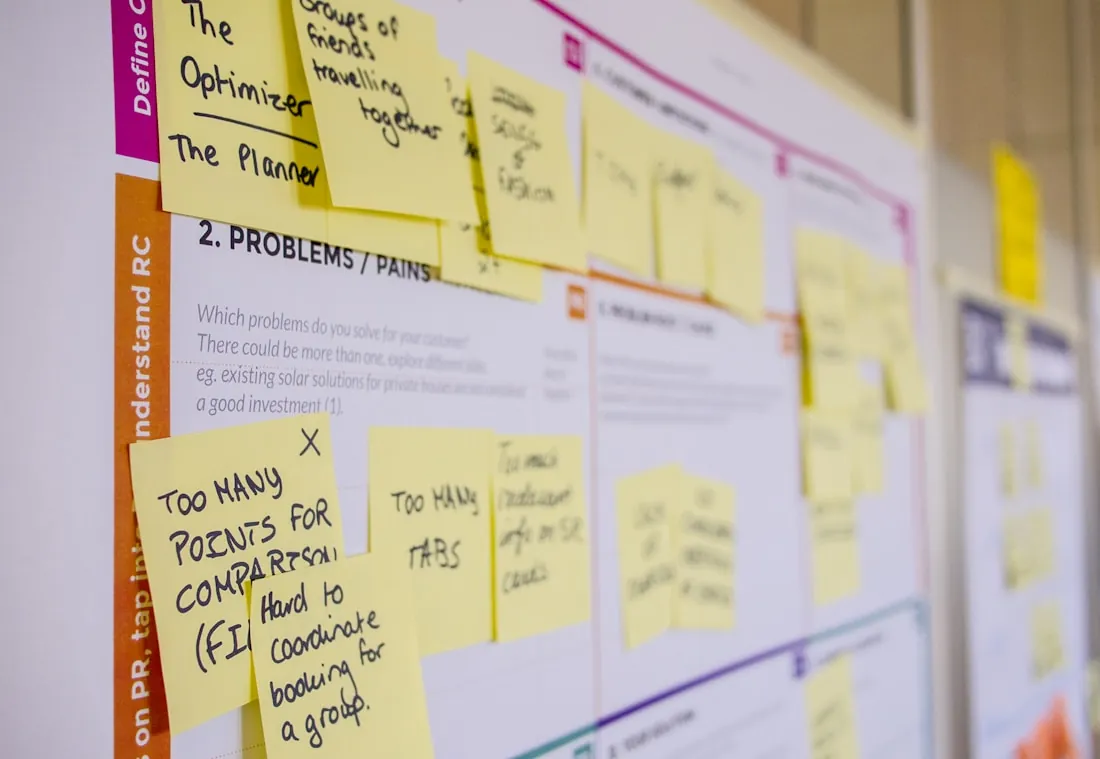A research wall of handwritten sticky notes recording user problems