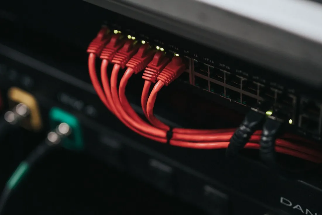 Red patch cables connected into a network switch