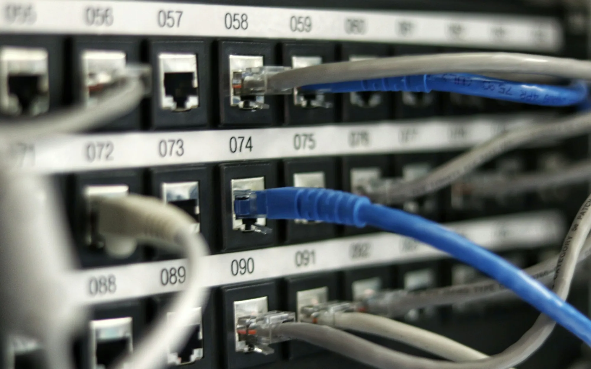 Network patch panel with cables connecting numbered ports