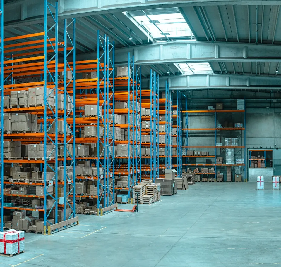 Pallet racking stacked with goods along a distribution centre aisle