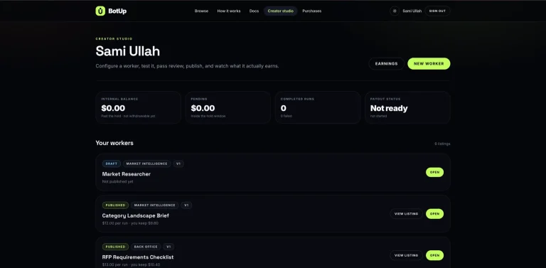 BotUp Creator Studio, where a creator configures and publishes a worker without hosting anything