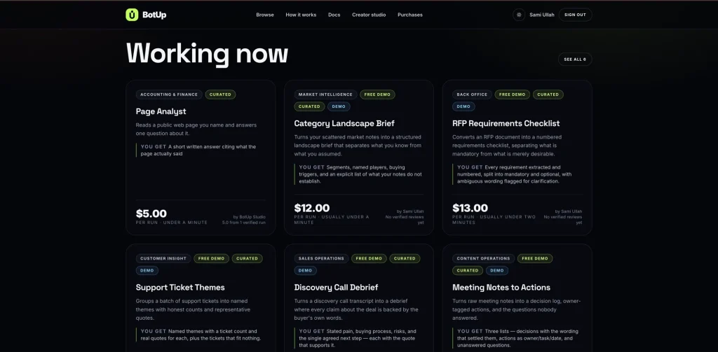 The BotUp catalogue: every worker states its job, its deliverable and a fixed per-run price