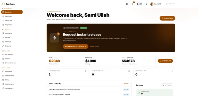 The Open Lance freelancer dashboard showing available, pending and total earned balances